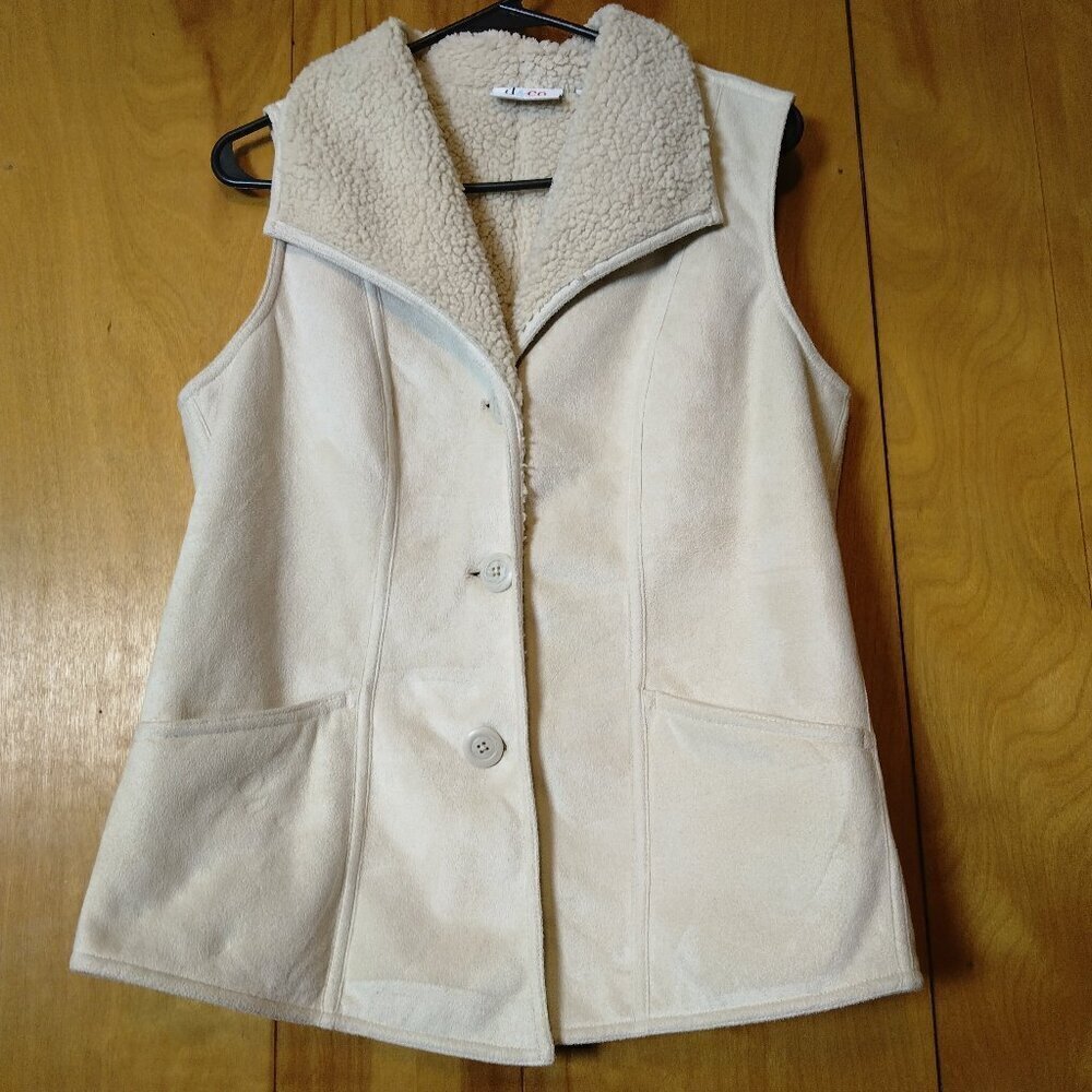 Denim & Company Women's XS Faux Suede Sherpa Lined Ivory Vest Button Up Casual